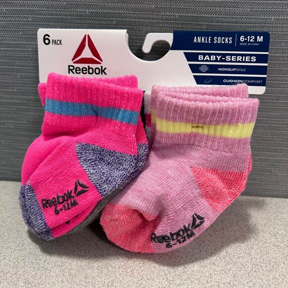 NEW Reebok Baby Series Girls' Ankle Socks (6-Pack) 6-12 Months Non-Slip Assorted - Picture 2 of 3